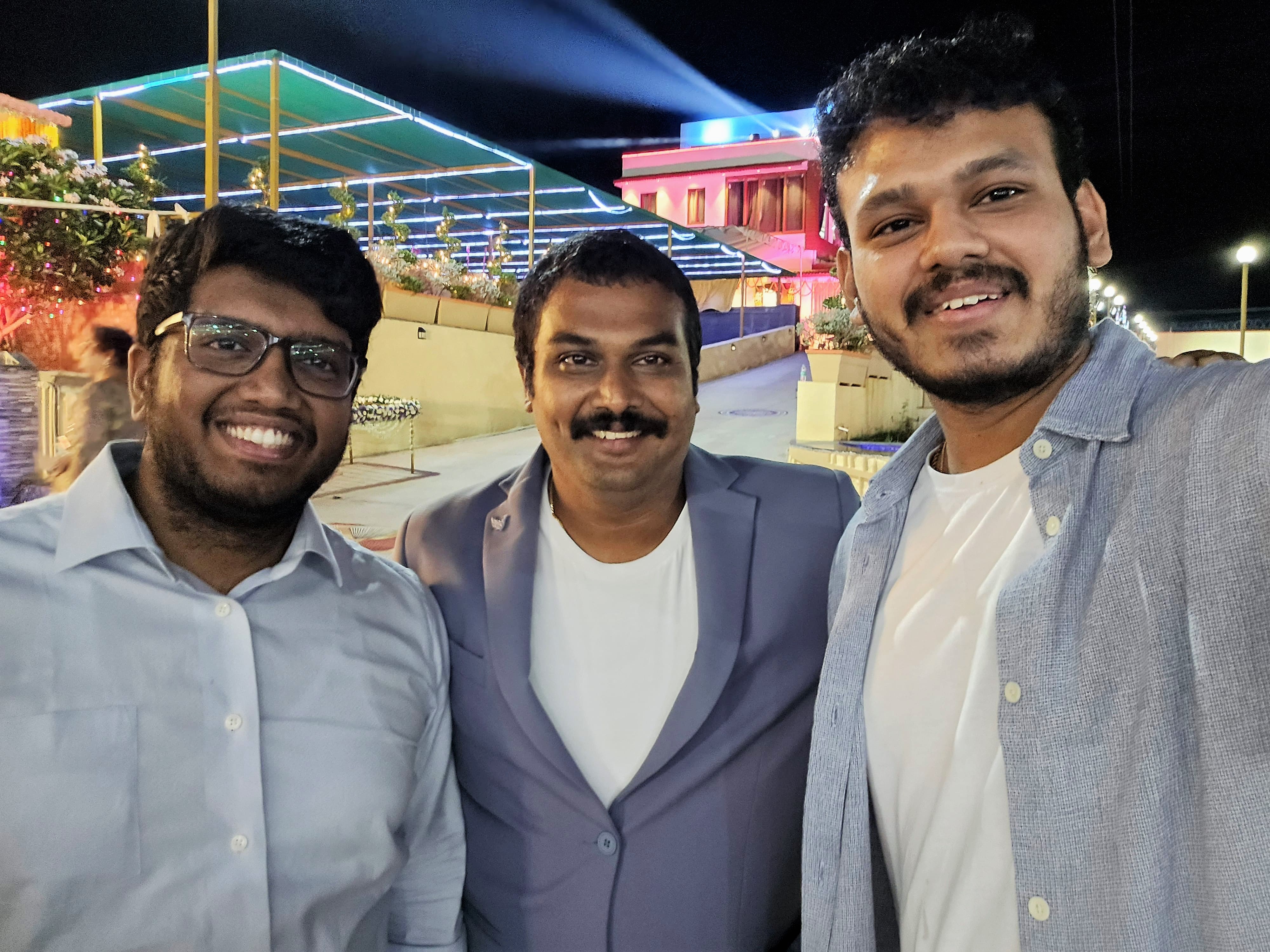 Group photo of Vineel Anna with Aditya Raj and Saketh, founders of Scrumptious, celebrating together